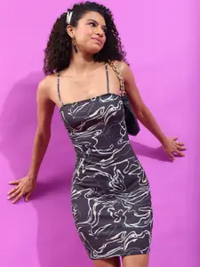 Tokyo Talkies Black Abstract Printed Shoulder Strap Bodycon Mini Dress