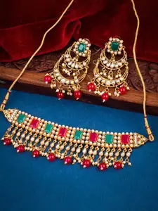 Sukkhi Gold-Plated Kundan-Studded & Beaded Necklace & Earrings