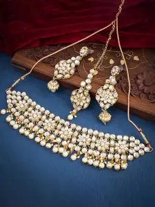 Sukkhi Gold-Plated Kundan-Studded Necklace And Earrings With Maang Tika Jewellery Set