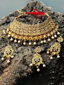 Sukkhi Gold-Plated Kundan-Studded and Beaded Necklace & Earrings Set With Maang Tika