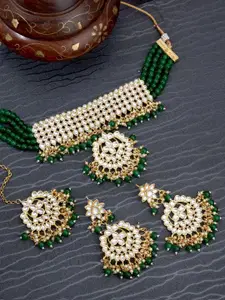 Sukkhi Gold-Plated Kundan-Studded & Beaded Necklace and Earrings with Maang Tika