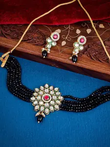 Sukkhi Gold-Plated Kundan-Studded & Beaded Necklace and Earrings