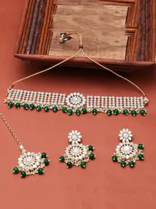 Sukkhi Gold-Plated Stone Studded & Beaded Necklace and Earrings with Maang Tika