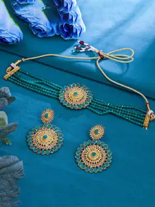 Sukkhi Gold-Plated Stone-Studded & Beaded Necklace & Earrings