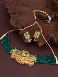 Sukkhi Gold-Plated Stone-Studded & Beaded Necklace and Earrings Jewellery Set