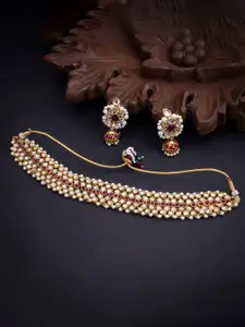 Sukkhi Gold-Plated Kundan-Studded & Pearl Beaded Necklace & Earrings Set