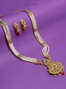 Sukkhi Gold-Plated Stone-Studded & Beaded Necklace and Earrings Jewellery Set