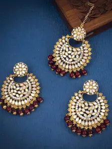 Sukkhi Gold-Plated Kundan-Studded & Beaded Maang Tika and Earrings Jewellery Set
