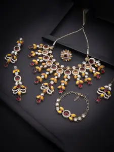 Sukkhi Gold-Plated AD-Studded & Beaded Necklace & Earrings Set With Maang Tika