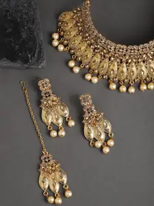Sukkhi Gold-Plated Stone-Studded Necklace & Earrings Set With Maang Tika