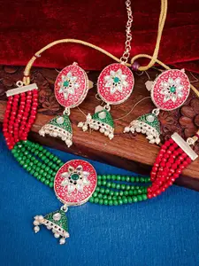 Sukkhi Gold-Plated Kundan-Studded and Beaded Necklace & Earrings Set With Maang Tika