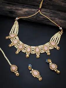 Sukkhi Gold-Plated Stone-Studded & Kundan-Beaded Necklace & Earrings Set With Maang Tika