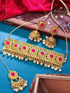 Sukkhi Gold-Plated Stone-Studded and Beaded Necklace & Earrings Set With Maang Tika