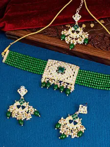 Sukkhi Gold-Plated Kundan-Studded and Beaded Necklace & Earrings Set With Maang Tika