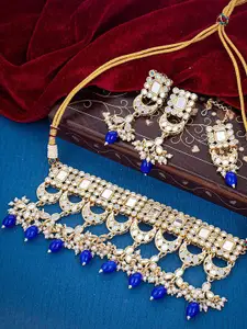 Sukkhi Gold-Plated Kundan-Studded & Beaded Necklace & Earrings Set With Maang Tika