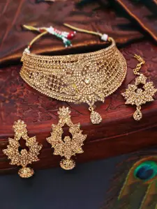 Sukkhi Gold-Plated Stone-Studded Necklace & Earrings Set With Maangtika