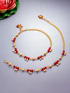 aadita Set Of 2 Gold-Plated Stone-Studded & Beaded Anklets
