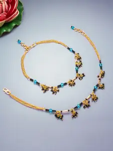 aadita Set Of 2 Gold-Plated Stone-Studded & Beaded Anklets