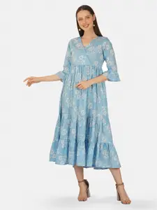 GULAB CHAND TRENDS Blue Floral Print Bell Sleeve Fit & Flare Midi Dress