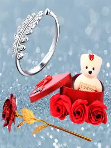 UNIVERSITY TRENDZ Silver-Plated Leaf Ring With Artificial Rose and Mini Teddy Combo Set