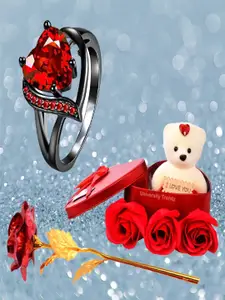 UNIVERSITY TRENDZ Silver-Plated Ring with Artificial Rose and Mini Teddy Combo Set