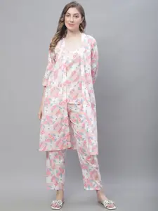 TAG 7 Floral Printed Cotton Top With Trousers And Longline Jacket Set