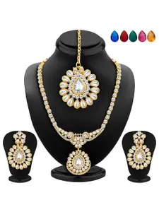 Sukkhi Gold-Plated Stone-Studded Necklace and Earrings with Maang Tika