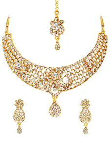 Sukkhi Gold-Plated AD Stone-Studded Necklace and Earrings With Maang Tika Jewellery Set