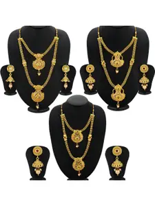 Sukkhi Set Of 3 Gold- Plated Stone Studded Beaded Long Necklace & Earrings Set