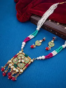 Sukkhi Gold-Plated Kundan-Studded & Beaded Necklace and Earrings