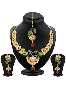 Sukkhi Gold-Plated Stone-Studded Necklace and Earrings With Maang Tika Jewellery Set