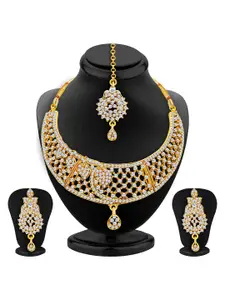 Sukkhi Gold-Plated AD Studded Necklace and Earrings with Maang Tika