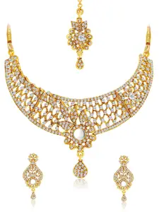 Sukkhi Gold-Plated Stone-Studded Necklace and Earrings With Maang Tika Jewellery Set