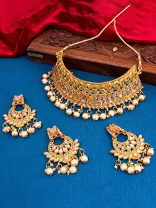 Sukkhi Gold-Plated Kundan Studded & Beaded Necklace and Earrings with Maang Tika
