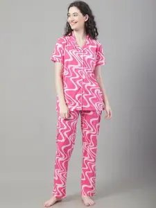 Kanvin Pink & White Abstract Printed Night Suit