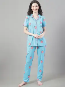 Kanvin Blue & Pink Conversational Printed Night Suit