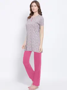 Kanvin Grey & Pink Floral Printed Pure Cotton Night Suit
