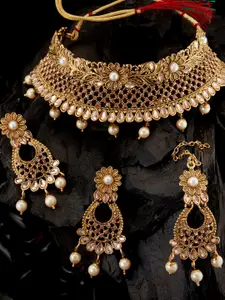 Sukkhi Gold-Plated Kundan-Studded Necklace and Earrings With Maang Tika Jewellery Set