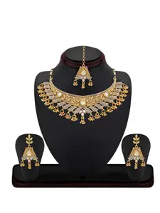 Sukkhi Gold-Plated Stone Studded Necklace and Earrings with Maang Tika
