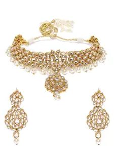 Sukkhi Gold-Plated Kundan Studded & Beaded Necklace and Earrings with Maang Tika