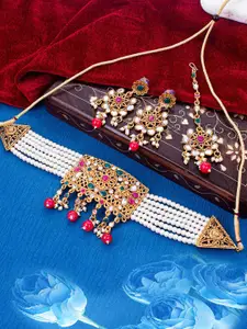 Sukkhi Gold-Plated Choker Necklace and Earrings with Maang Tika