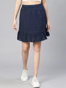 Oxolloxo Self Design Above Knee Length Straight Schiffli Cotton Skirt