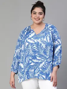 Oxolloxo Plus Size Tropcal Printed V-Neck Top