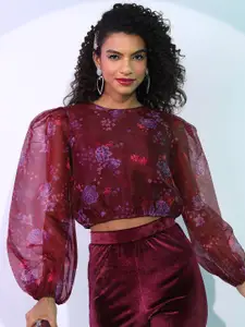 Tokyo Talkies Green & Violet Floral Printed Blouson Top