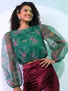 Tokyo Talkies Green & Violet Floral Printed Blouson Top