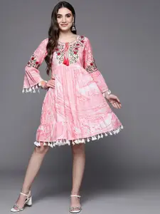 Indo Era Abstract Printed Embroidered Cotton Fit & Flare Ethnic Dress