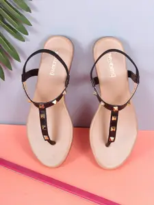 DressBerry Black And Gold-Toned Studded T-Strap Flats