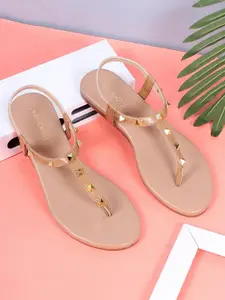 DressBerry Beige And Gold-Toned Studded T-Strap Flats
