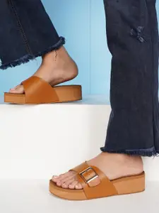 DressBerry Beige Open Toe Slip On Textured Flatform Heels