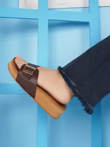 DressBerry Brown Open Toe Flatform Heels With Buckle Detail